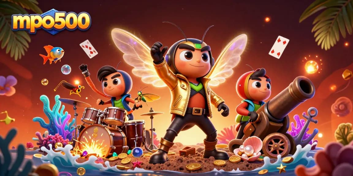 Experience thrilling gameplay at mpo500 with a vibrant casino-themed illustration featuring dynamic characters.