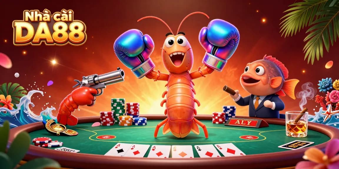 Engage at Nhà cái DA88 with a vibrant poker scene featuring dynamic cartoon characters amidst colorful gambling elements.