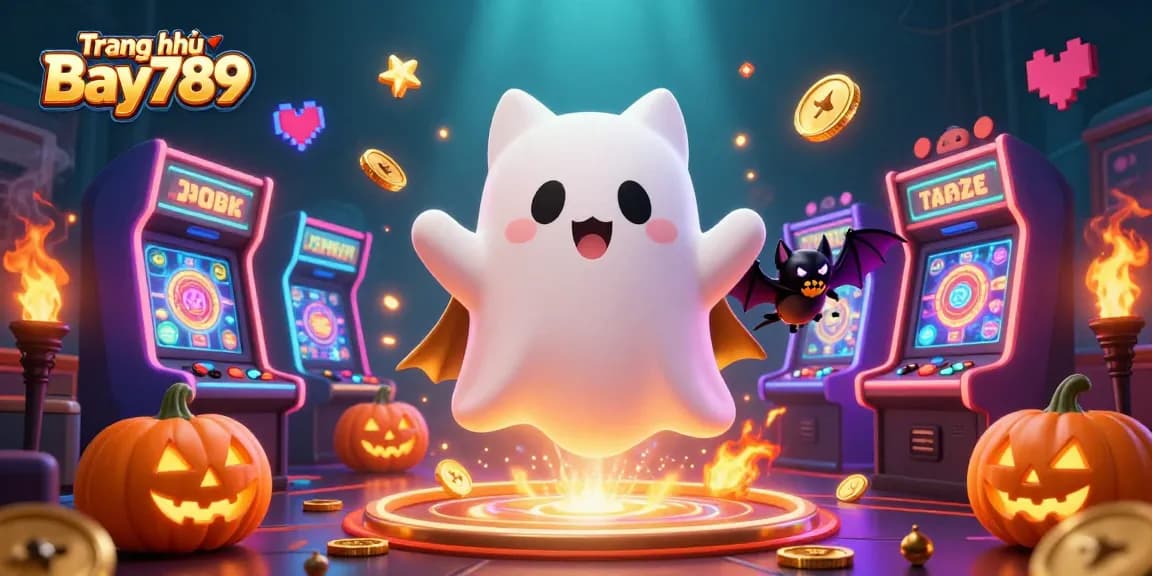 Experience the thrilling atmosphere of Trang chủ Bay789 with glowing slot machines and friendly characters in a vibrant casino.