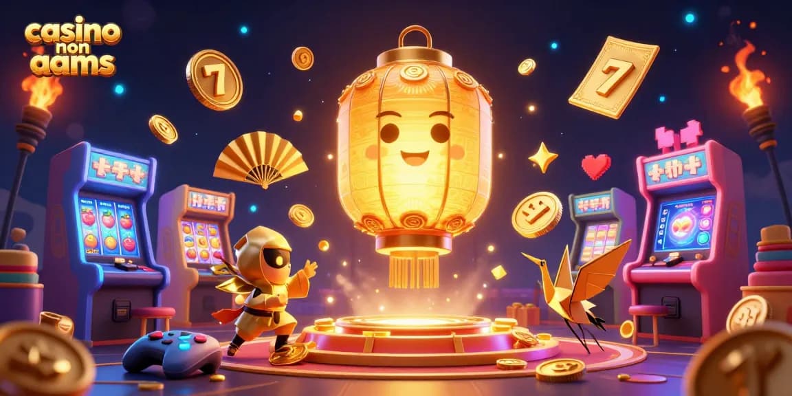 Illustrazione 3D dettagliata 'casino non aams' con simboli di slot e guerrieri d’origami, vibrante atmosfera di gioco.