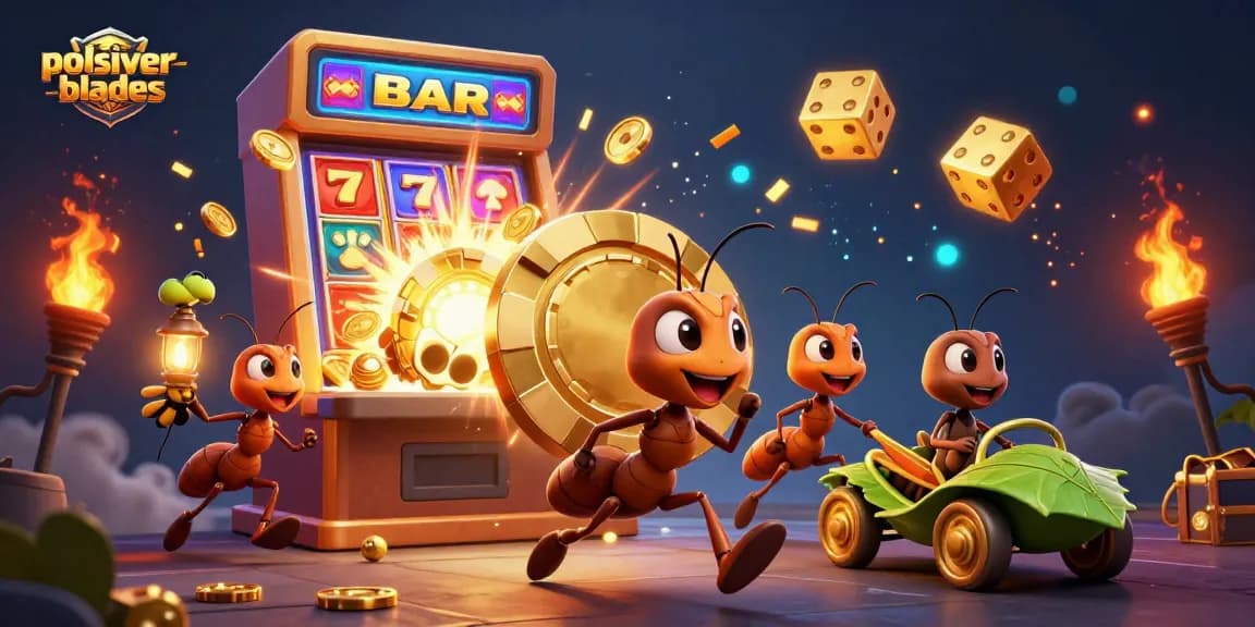 Engage in an exciting casino adventure with polsilver-blades as ants heist a giant poker chip amidst vibrant slot machine action.