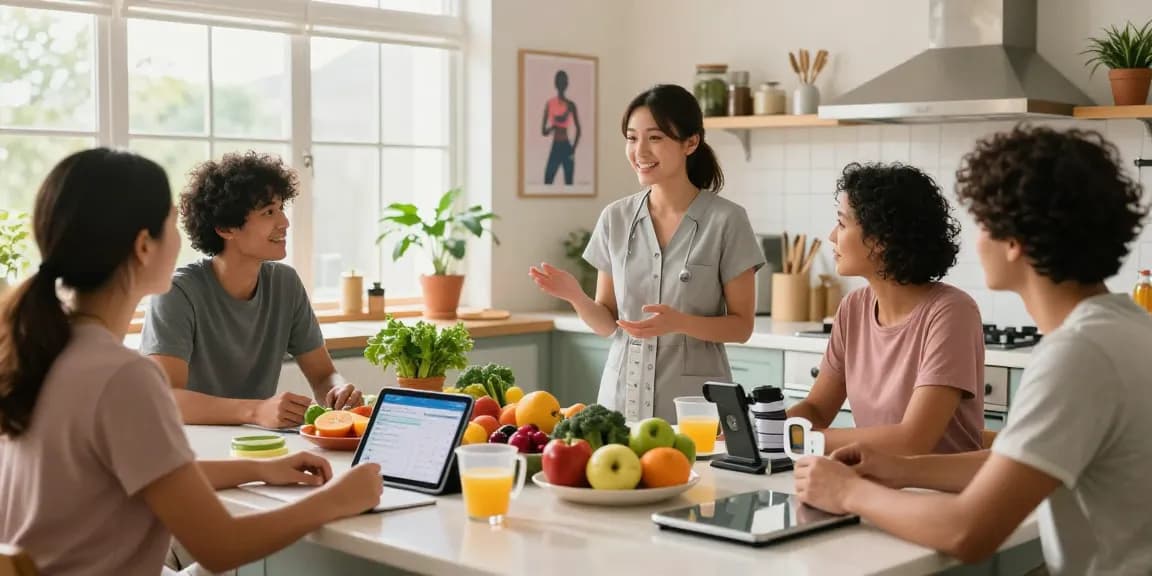 Best macro tracker features in a vibrant kitchen with nutritionist and clients.