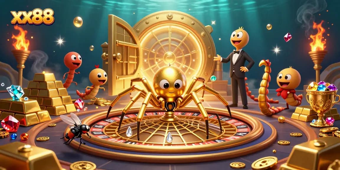Experience thrilling gameplay with xx88 as a golden spider spins a roulette wheel in an enchanting casino scene.