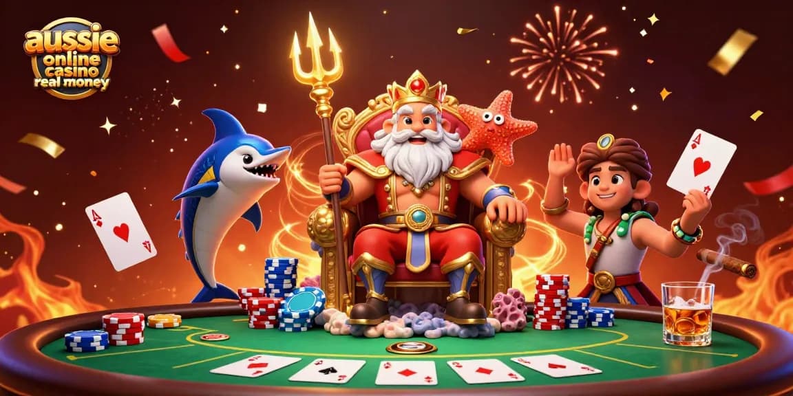 Engage in the excitement of the aussie online casino real money with a dynamic 3D illustration featuring Neptune and betting elements.