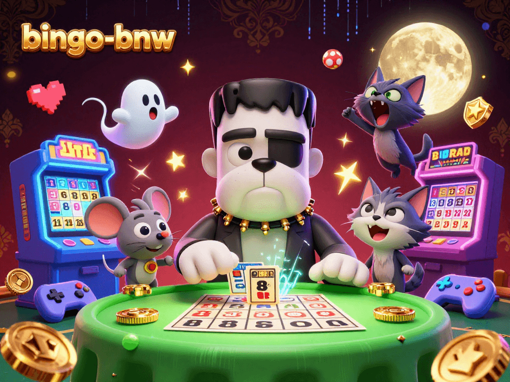 Play bingo-bnw with excitement featuring cartoon characters around a vibrant game table.