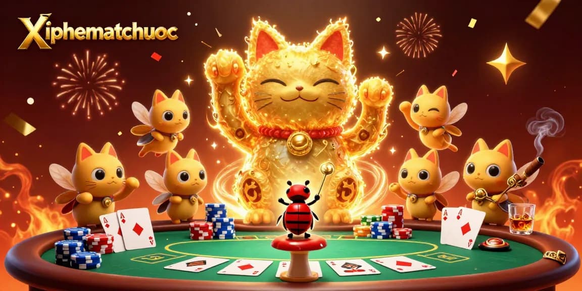 Engage with xiphematchuoc through a vibrant gaming illustration featuring a lively lucky cat surrounded by poker elements.