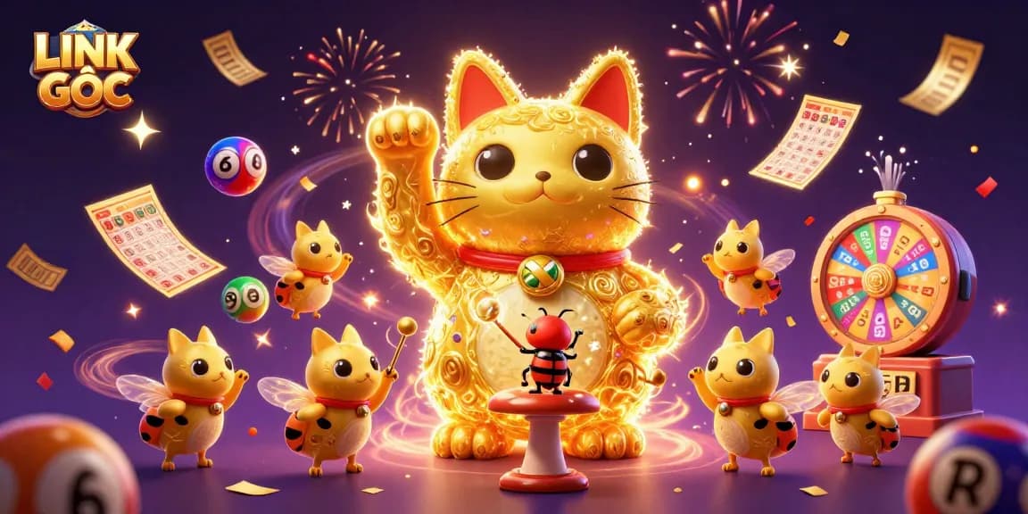 Experience the excitement of LINK GỐC with colorful lottery elements and a magical lucky cat!