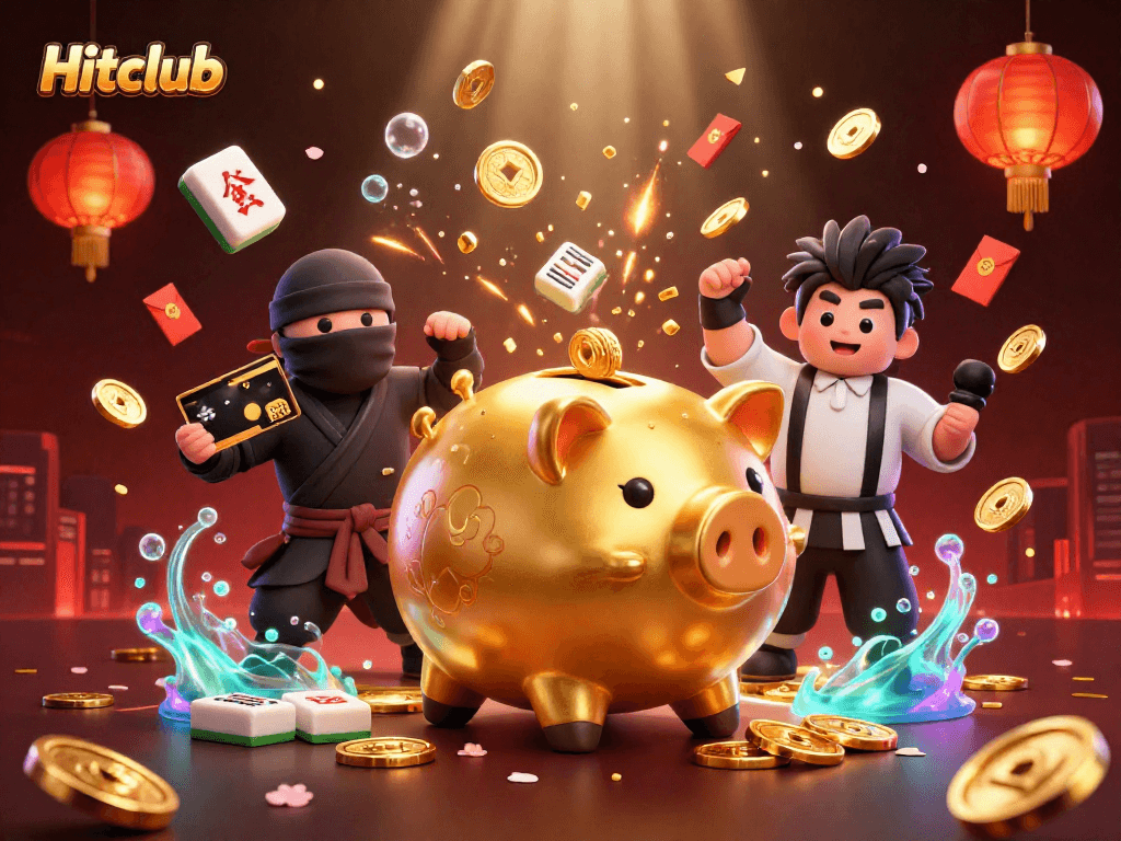 Hitclub showcases a vibrant scene of a golden piggy bank sumo wrestler with coins showering and card samurai refereeing.