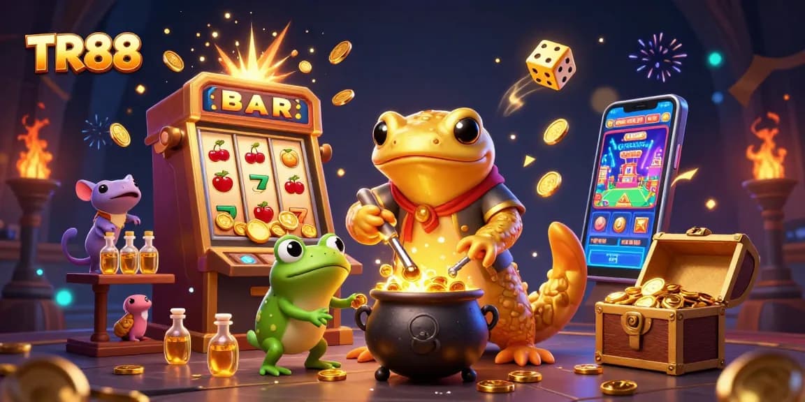 Engage with TR88's vibrant 3D cartoon scene featuring a golden salamander, exciting slot machines, and rich casino elements.