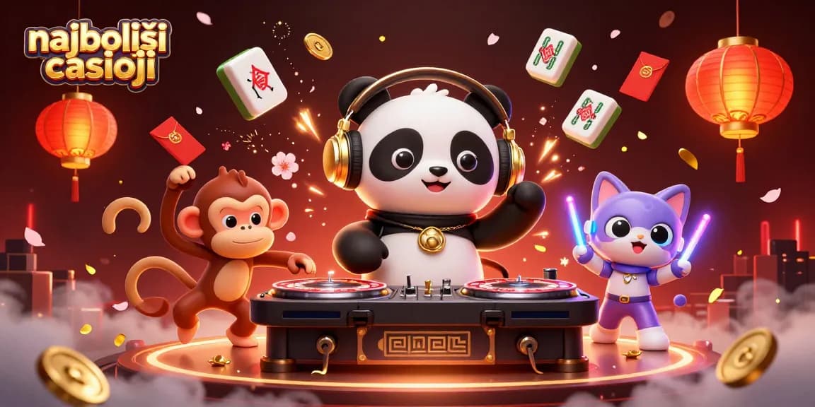 Živahna scena, ki prikazuje najboljše spletne casinoje z DJ panda, plesnim opico in mačko v rave opremi ob igranju na ruletnih kolesih.
