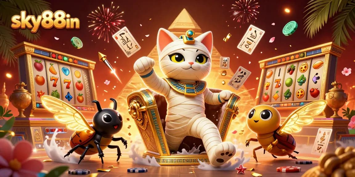 Experience thrilling gameplay with sky88in as an Egyptian mummy cat bursts from a sarcophagus.
