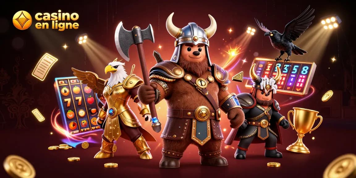 Visualisez des jeux de casino en ligne animés avec un ours viking et une aigle valkyrie.