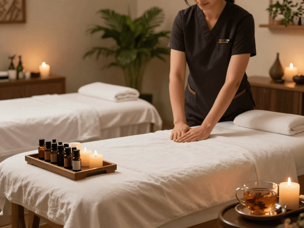 Massage therapy room at mantra88 spa with relaxing atmosphere and essential oils.