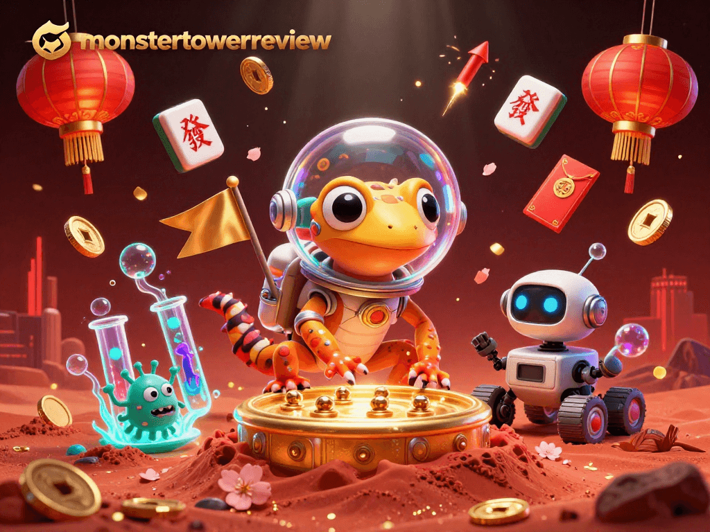 Experience excitement in monstertowerreview as Martian gecko uncovers a hidden casino amidst gold and cheers.
