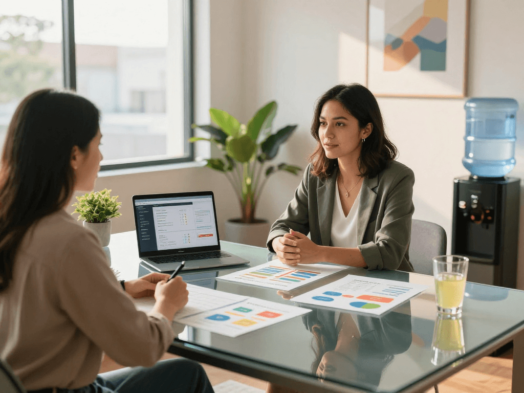 Wellness consultant discussing strategies with a client, featuring mantra88 plans and healthy metrics in a bright office.
