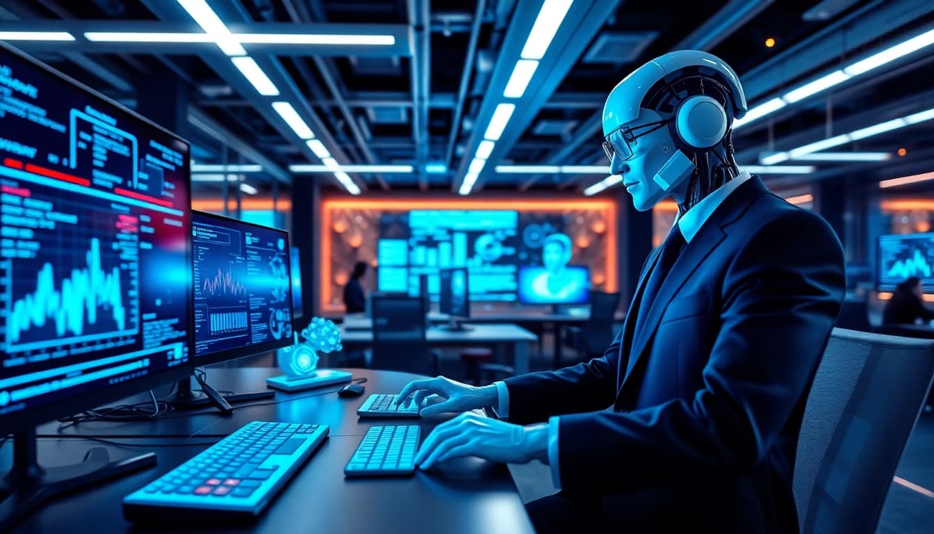 AI agents collaborating in a high-tech workspace with dynamic interfaces.