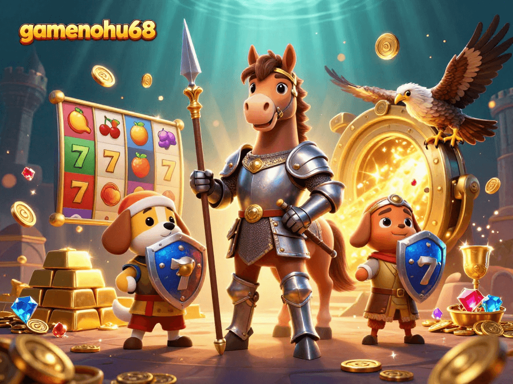 Engage with gamenohu68 through our vibrant 3D casino illustration featuring colorful slot reels and gold treasures.