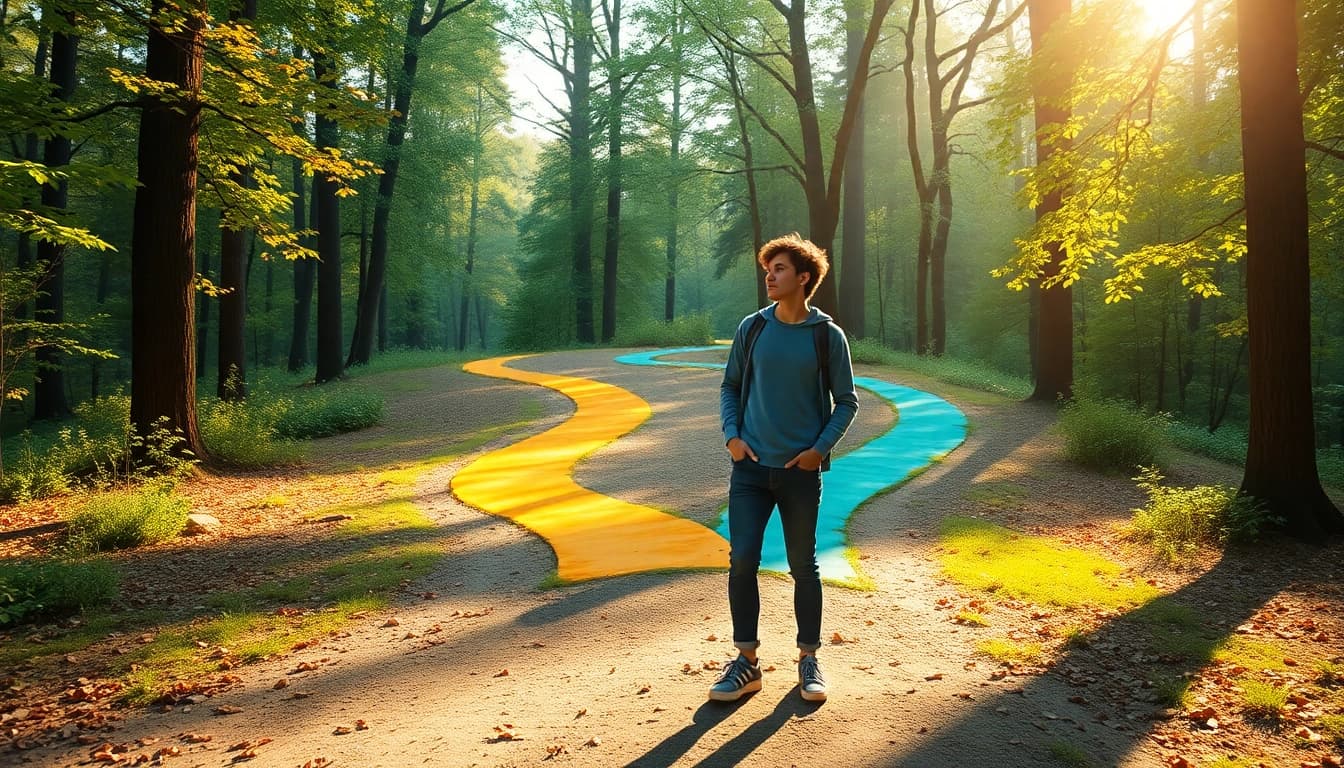Explore pathways to Find my true Calling amidst a serene, illuminated forest.