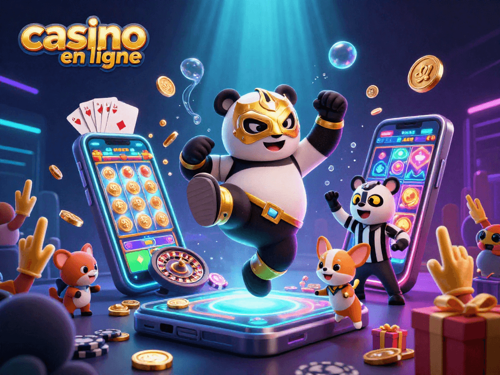 Visitez le casino en ligne avec une scène dynamique de panda lutteur et une ambiance festive.
