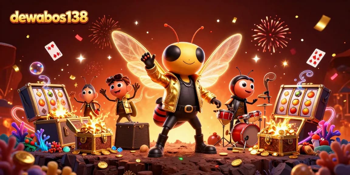 Experience the excitement of dewabos138 with a vibrant casino-themed illustration, featuring lively characters and dynamic game elements.