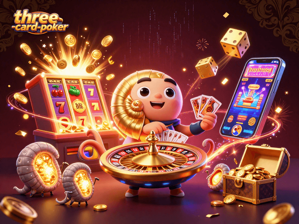 Experience three-card-poker with vibrant cards from a 3D cartoon nautilus surrounded by casino elements.