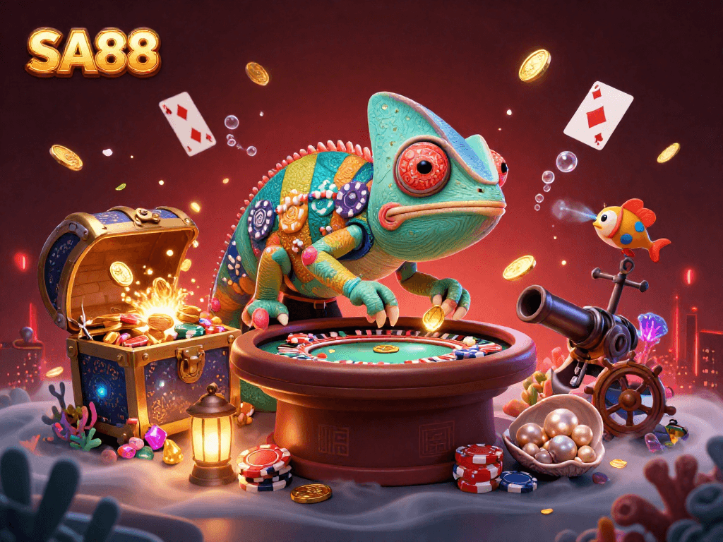 SA88 casino owner chameleon capturing golden coins in an underwater treasure adventure.