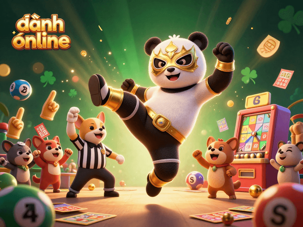 Engage in đánh đề online with a lively 3D scene featuring panda wrestlers, lottery elements, and excited spectators.