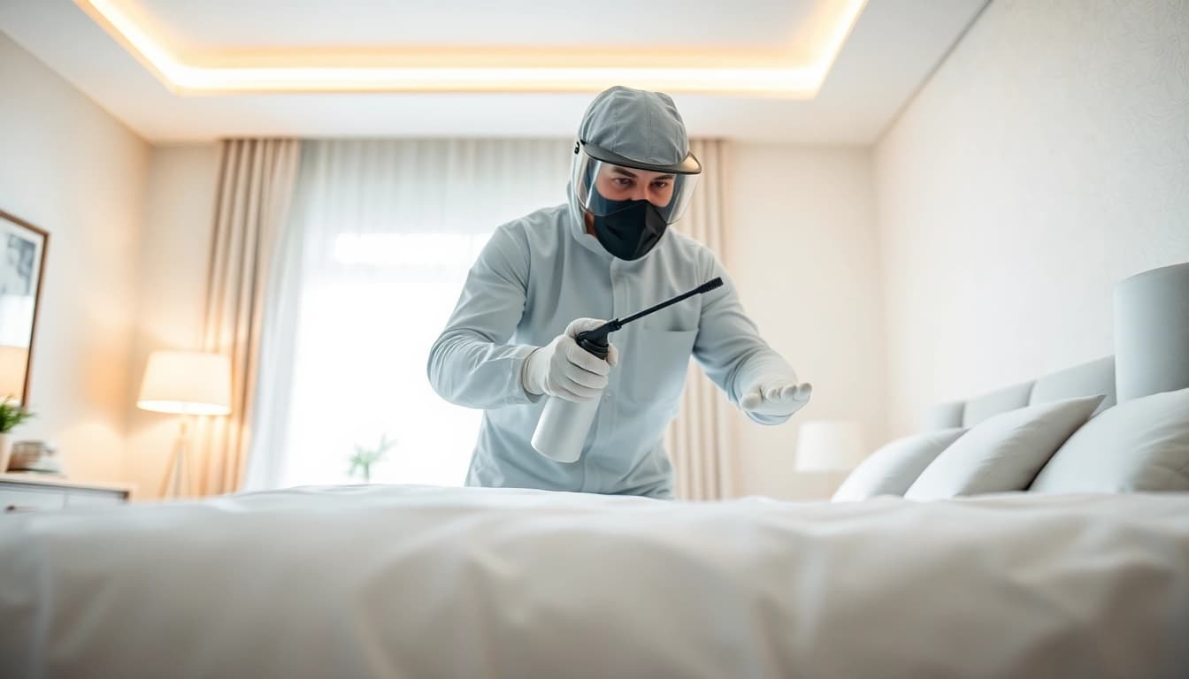 Apply effective bed bug treatment in a clean bedroom setting with an exterminator in action.