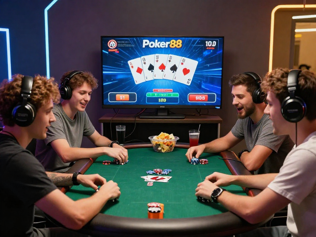 Friends enjoying an exciting Poker88 online poker game with vibrant atmosphere.