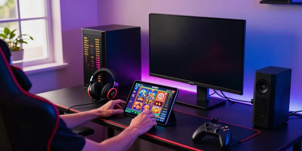 Exciting gaming setup featuring PG SLOT displayed on a tablet amidst colorful accessories and LED lights.