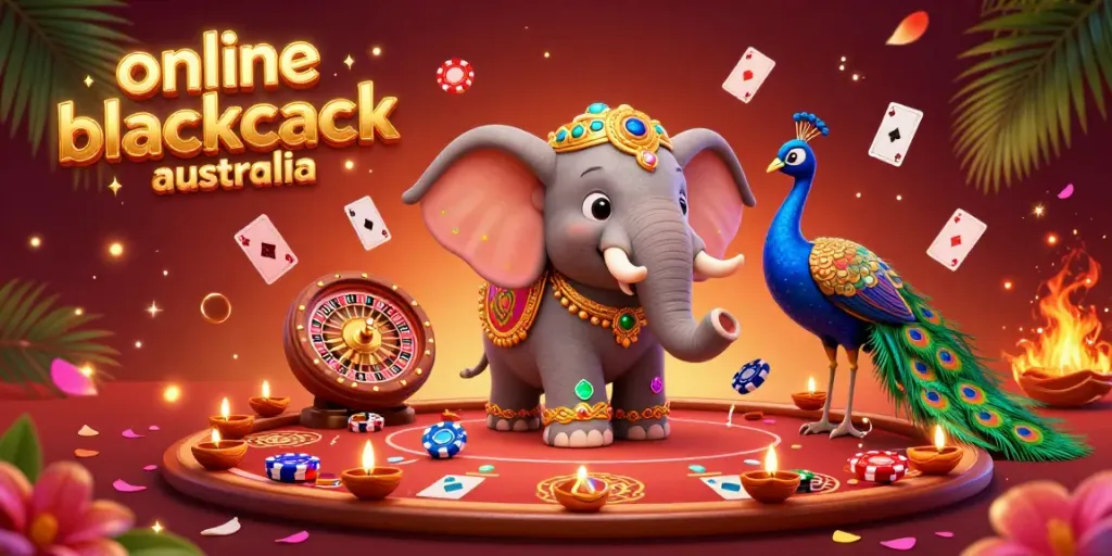 Engage with online blackjack australia through an exciting 3D carnival-themed scene featuring a friendly elephant and peacock.