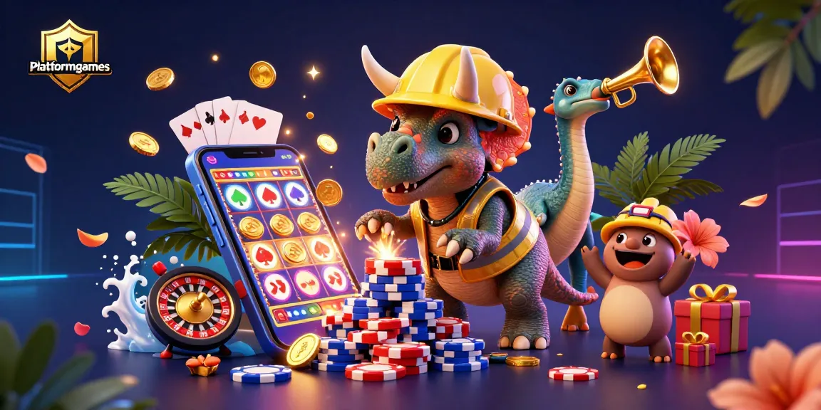 Join the vibrant action at platformgames with cartoon dinosaurs celebrating casino wins while surrounded by gaming elements.