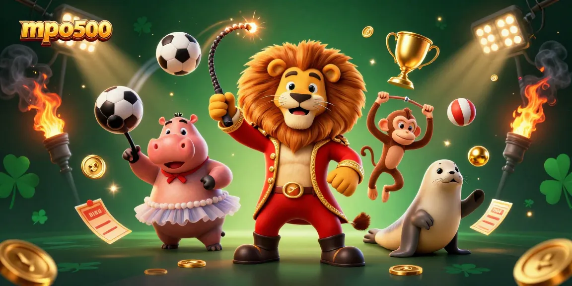 Engage with mpo500's thrilling 3D circus-themed gaming illustration featuring dynamic sports elements and a fun atmosphere.