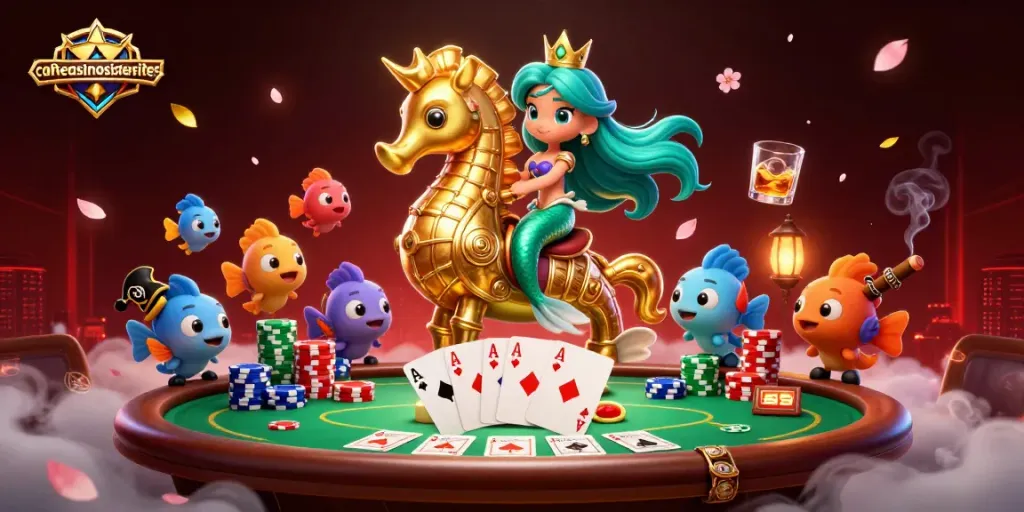 Engage with cafecasinosistersites as the mermaid princess plays poker amidst vibrant sea-themed elements.