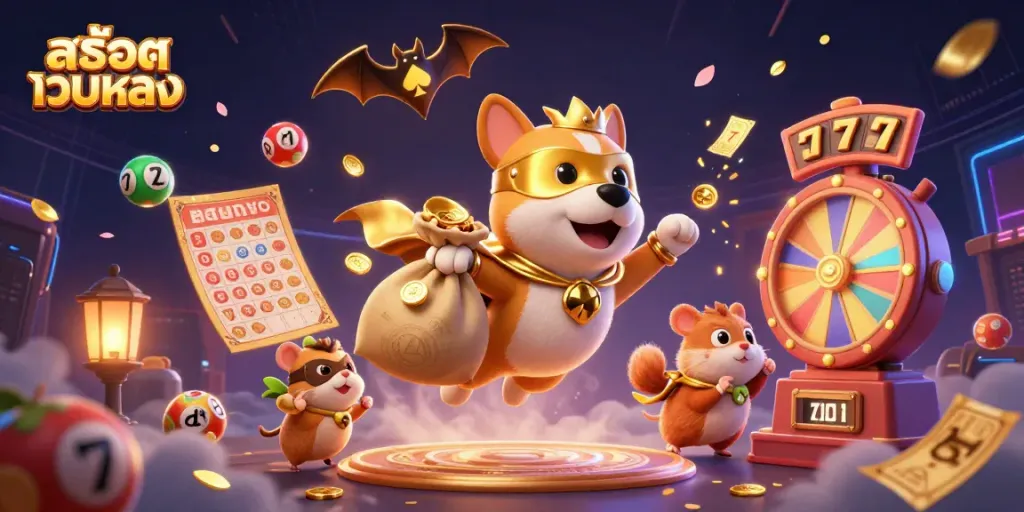 Experience thrilling action with สล็อตเว็บตรง as a superhero dog soars through a colorful casino wonderland.