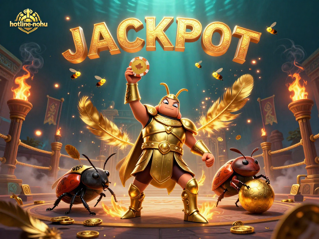 Spin the jackpot at hotline-nohu with a victorious herculean beetle in an exciting casino arena.