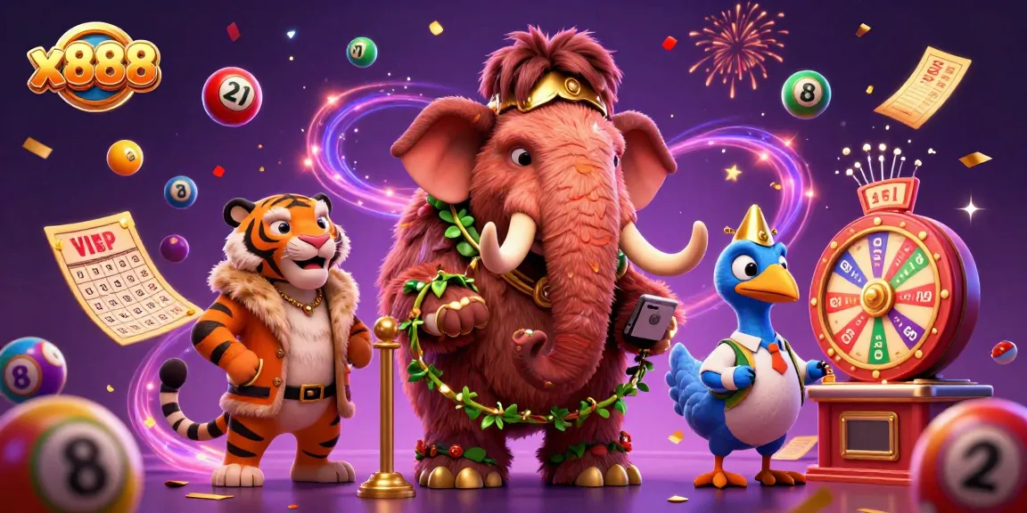 x888 features a woolly mammoth bouncer welcoming VIPs in a vibrant casino scene.