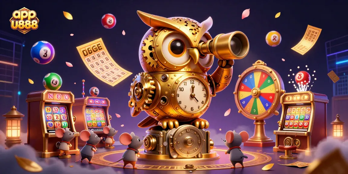 Engage with app u888 at a vibrant casino scene featuring animated characters, lottery elements, and dynamic action.