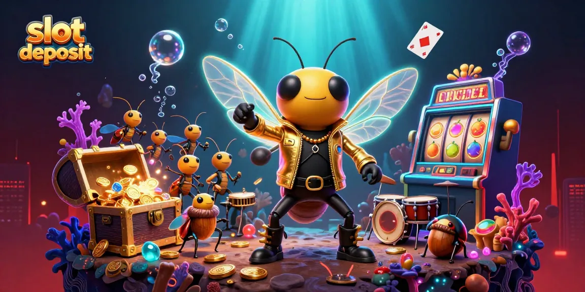 Menangkan slot deposit dengan mudah melalui ilustrasi kartun yang menampilkan cicada rock star dan simbol permainan yang berkilau.