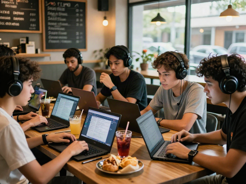 Group of gamers discussing situs toto strategies at a cozy café.