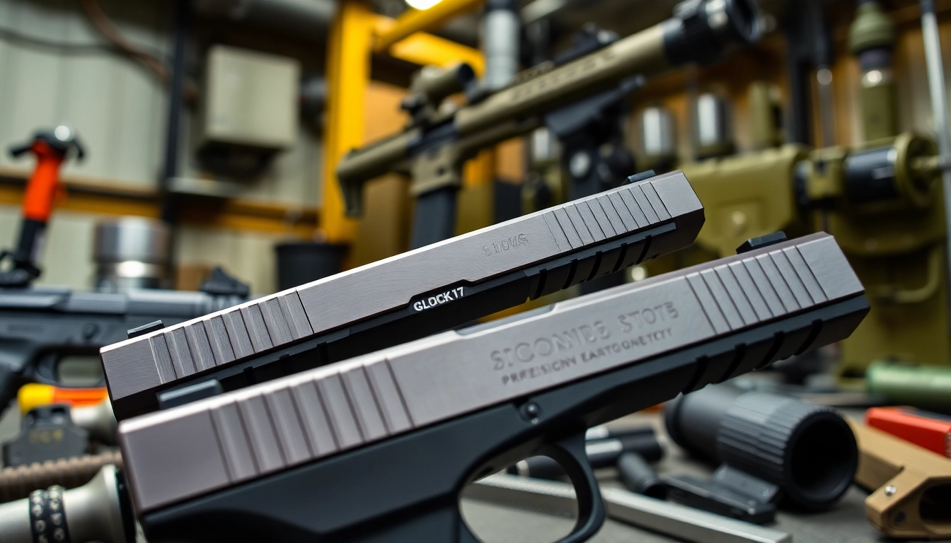 Showcase of glock 17 slides highlighting features in a tactical setting.