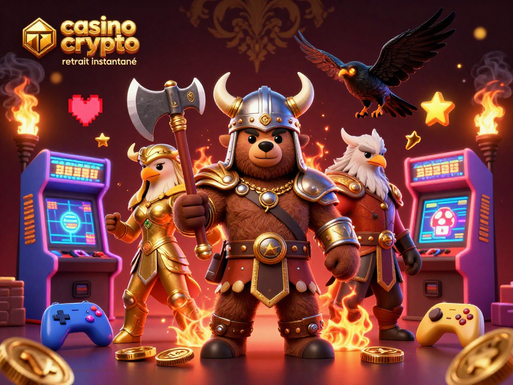 Retrouvez vos gains rapidement sur casino crypto retrait instantané grâce à un ourson viking et une aigle en armure dorée.