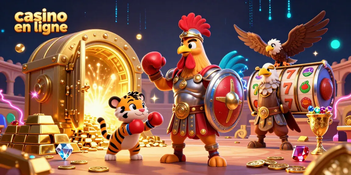 Explore des jeux de casino en ligne avec un coq gladiateur et ses trésors scintillants.