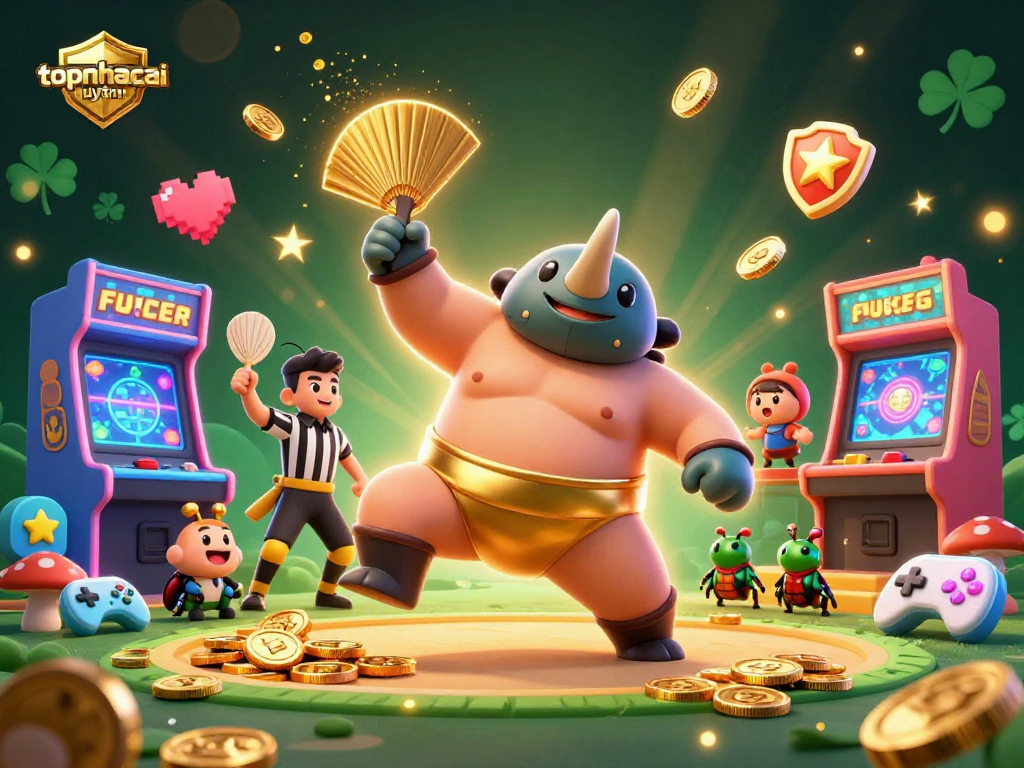 Engage with topnhacaiuytinn as the sumo beetle champion sends golden coins flying in a vibrant casino setting.