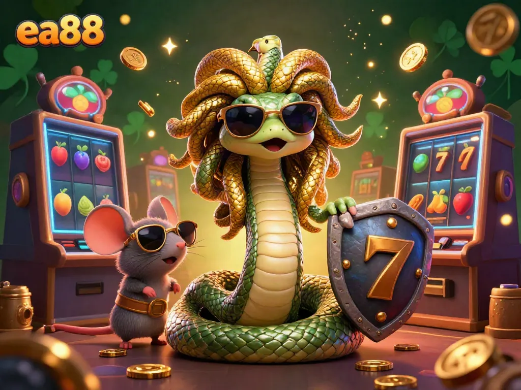 Trải nghiệm sự hấp dẫn của ea88 trong casino với Medusa và nhân vật vui vẻ giữa máy đánh bạc.