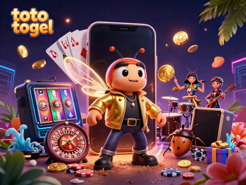 Toto togel gaming illustration featuring a cartoon cicada rock star, beetle drummer, colorful slot games, and dynamic casino elements.