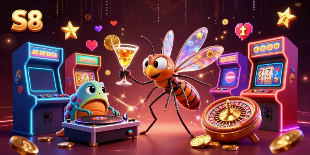 S8 casino scene showcasing a frozen mosquito mascot, trilobite DJ, and a roulette wheel amidst vibrant gaming elements.