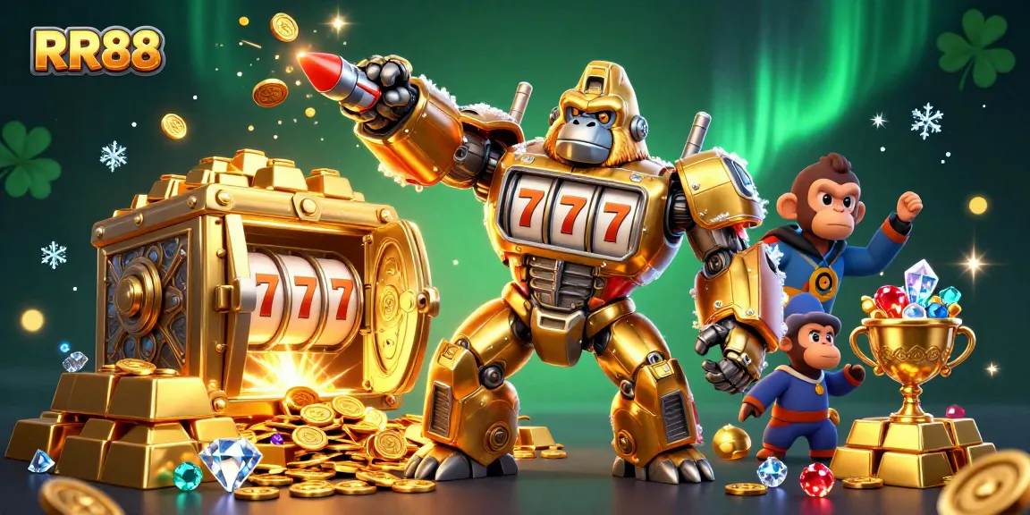Engage in thrilling action with RR88's vibrant casino-themed illustration of a golden mech and treasure.
