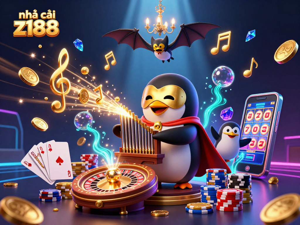 Engage with the vibrant world of nhà cái z188 as a penguin plays music amidst cascading coins and casino elements.