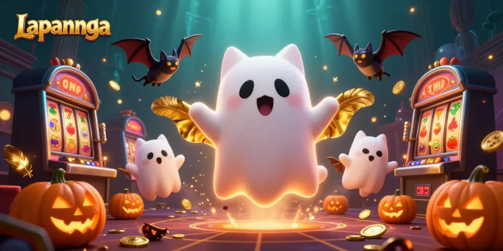 Engage with Lapannaga's thrilling casino themes featuring a ghost cat and a vampire bat amidst slot machines.